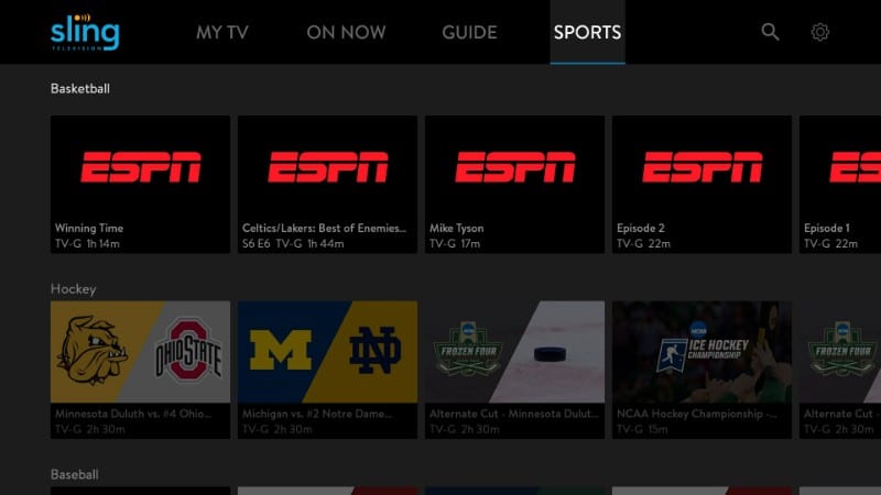 sports streaming on sling tv
